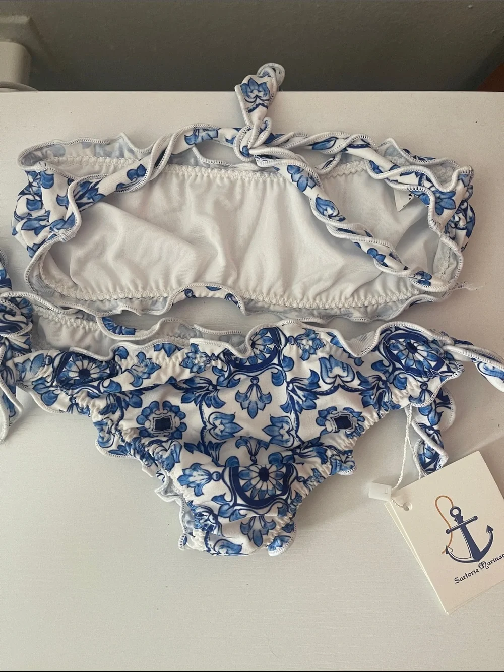 Blue and White Tile Print Kids Bikini by